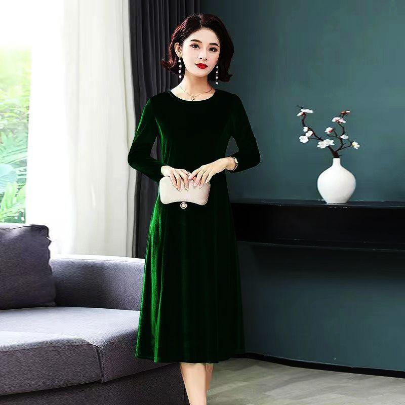 Damen Rundhals Langarm Einfarbig Samt Maxikleid Hohe Taille A-Linie Elegant Winter Formell Abendkleid
