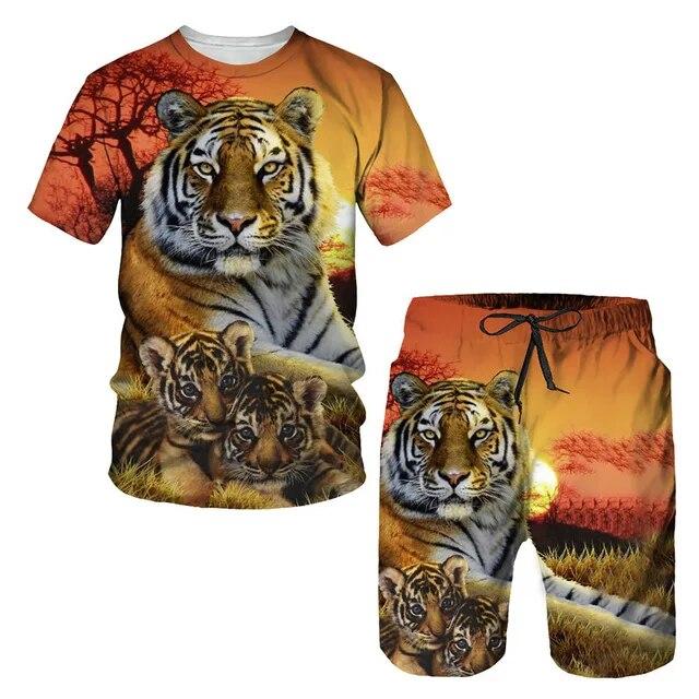 Tricou/costumul cu imprimeu 3D The Tiger, cu mâneci scurte, cu gâtul O, pantaloni de plajă pentru bărbați, set de 2 bucăți, îmbrăcăminte sport pentru cuplu, pantaloni scurți de înot