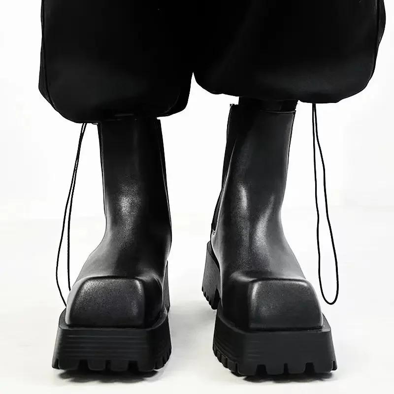 Fashion Square Toe Platform Black Boots Women/men 2025 New Autumn Winter Fashion Ankle Boots Wedges Side Elastic Fabric Slip On Shoes