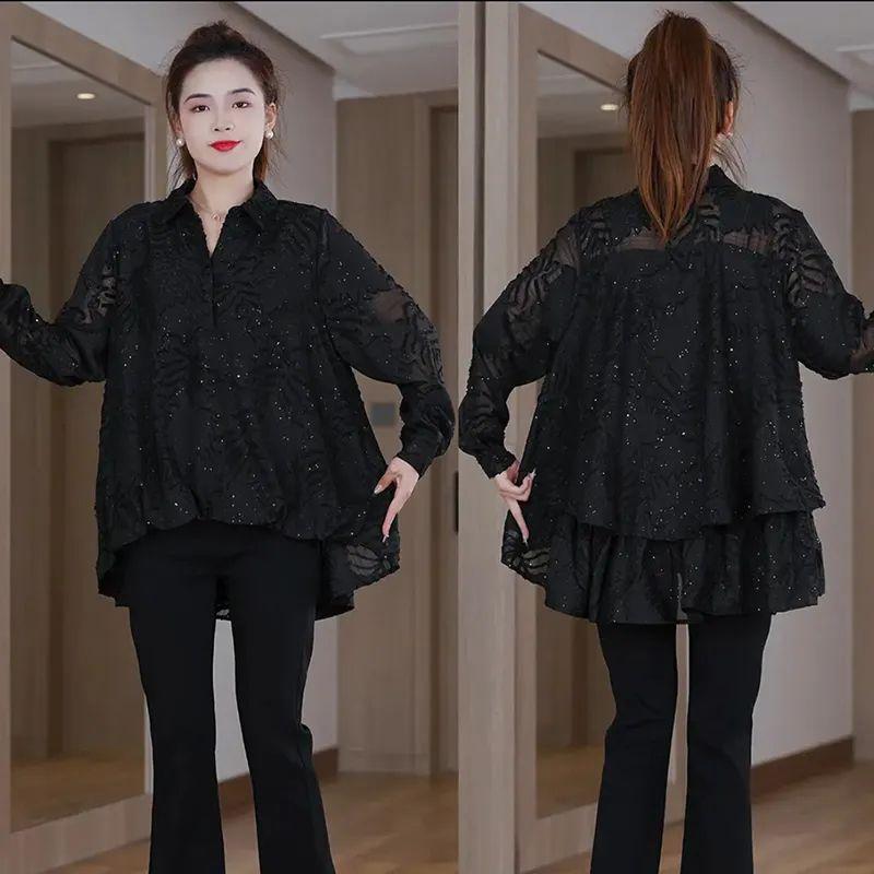 Langärmeliges geprägtes Freizeithemd Figurformend Fleischbedeckend Frühherbst-Stil Polokragen Drei-Knopf-Verschluss Damenoberteil