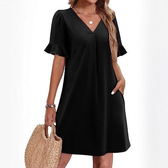 Women's V-Neck Flared Sleeve Medium and Long Pocket Short Sleeve Dress