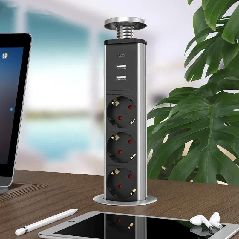 Melery Type-C Pop Up Sockets Germany Power Strip Desktop Hidden EU Plug 3 Outlets Switch Phones Kitchen Office Extension Cord