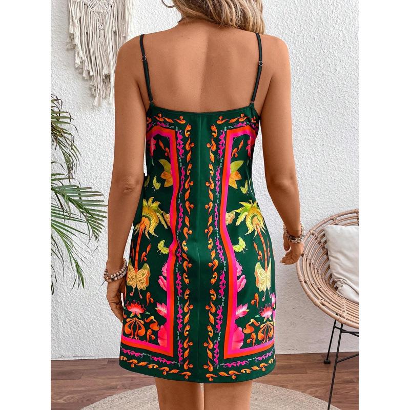 Women's V Neck Spaghetti Strap Mini Wrap Dress Loose Waist Tropical Geometric Print Side Tie Casual Beach Dress