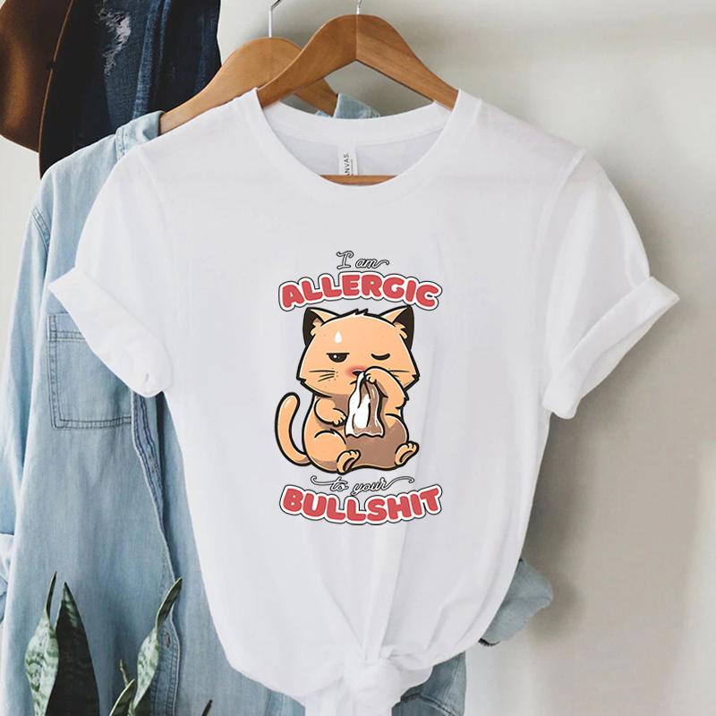 Woman Tshirts Graphic T Shirt Womens ALLERGIC BULLSHIT Printed Tshirt Fashion Youthful Female Clothing Womens Clothing Sales S
