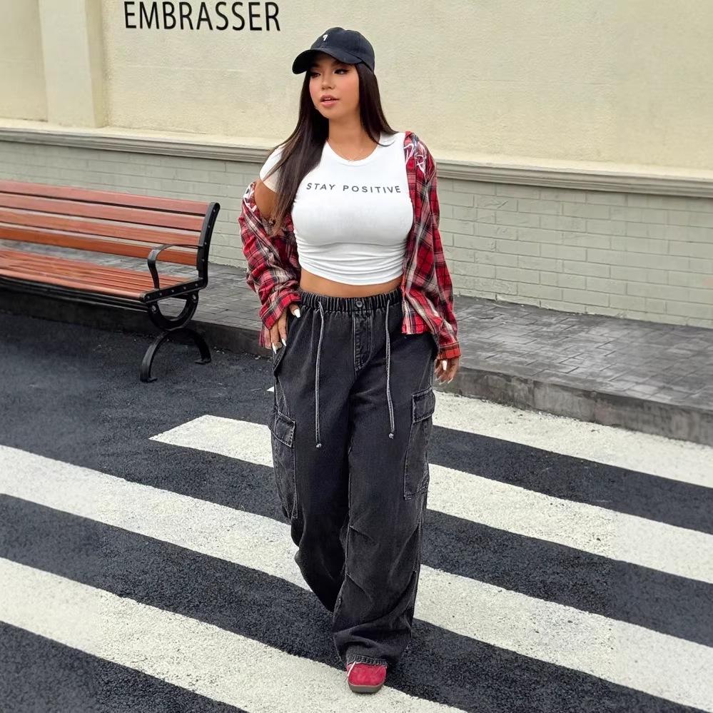 

Vintage High Waist Plus Size Wide Leg Jeans with Drawstring and Multiple Pockets 3XL чёрный
