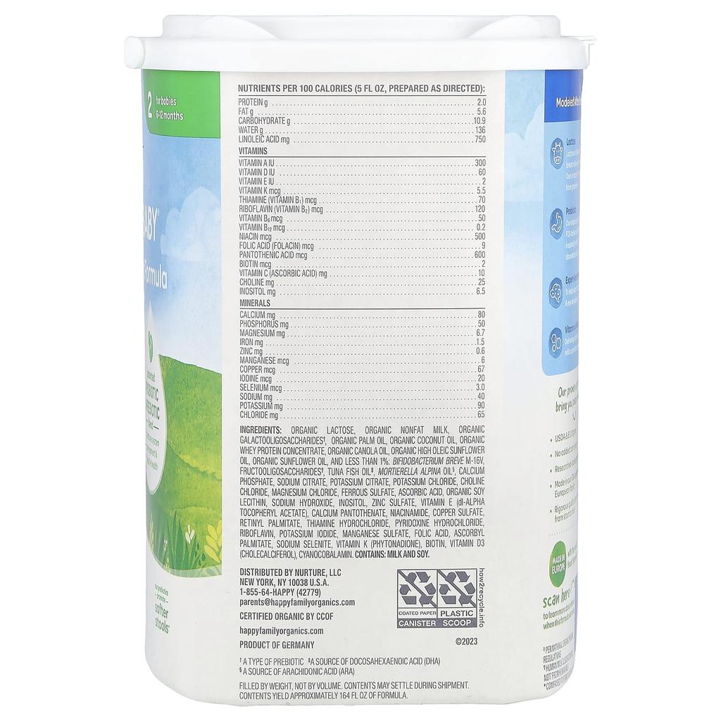 Happy Family Organics Organic Infant Formula, Milk-Based Powder, with Iron, 6 To 12 Months, 22.9 Oz (650 G)