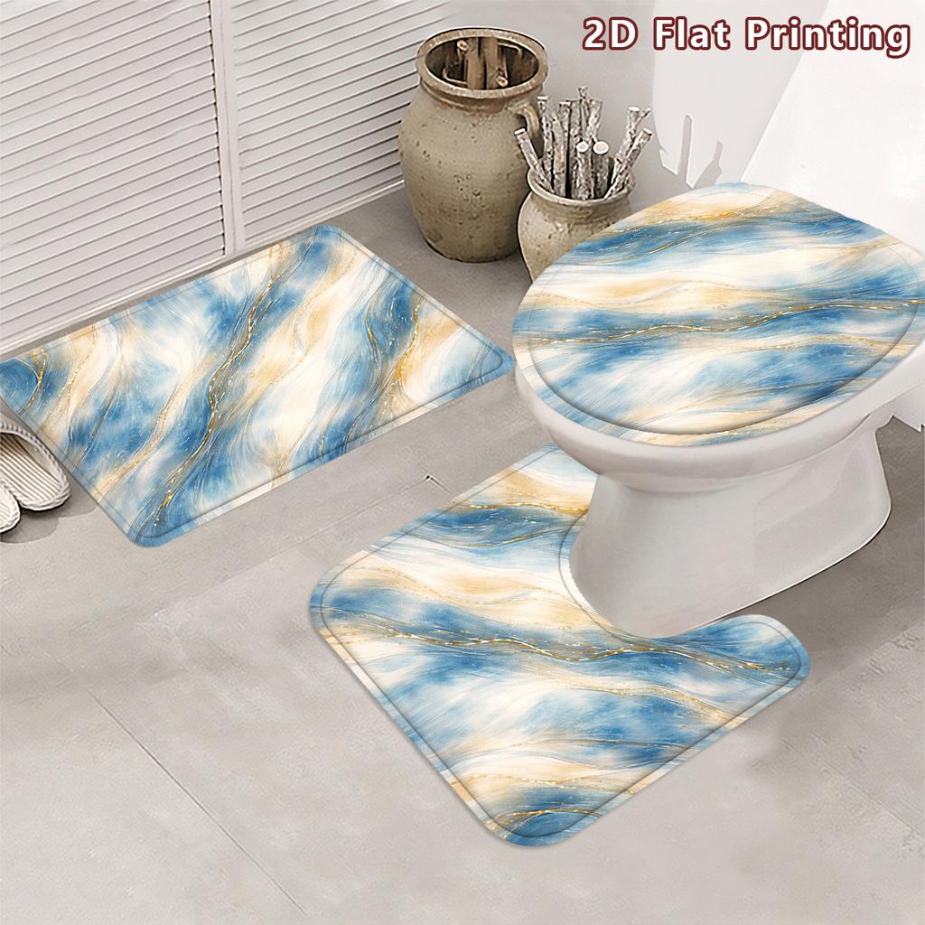 4Pcs Marble Waves Shower Curtain Set with Non-Slip Bath Mat, Toilet Lid Cover, Contour Rug & 12 Hooks, Bathroom Decor
