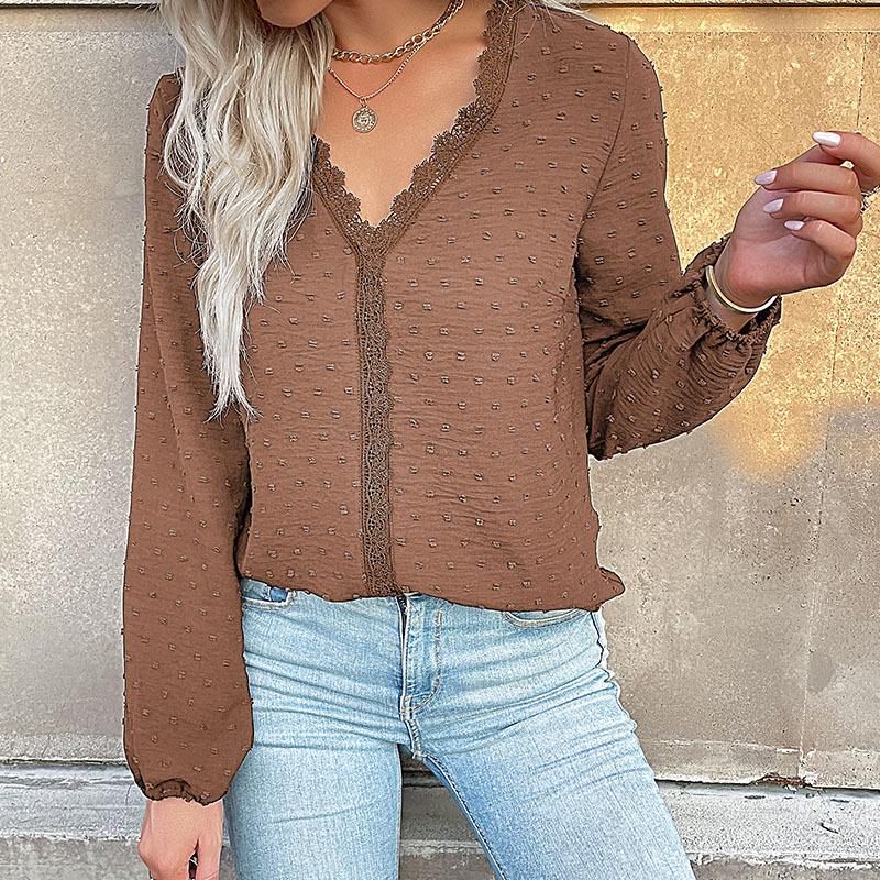 

Новая осенняя женская рубашка с длинным рукавом, с разноцветной вставкой из кружева, однотонная, с V-образным вырезом для женщин XL дубильная кора