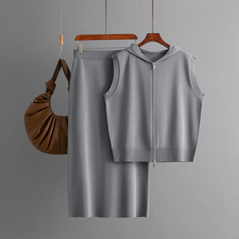 Summer Hooded Knitted Vest Cardigan Women's Fashion Set Skirt Loose Zipper Two-piece Set