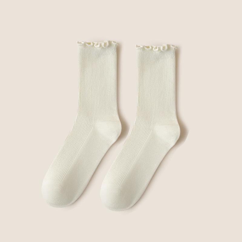Women's Mid-Tube Wood Ear Edge Socks - Summer Thin Black & White Long Socks for Loafers