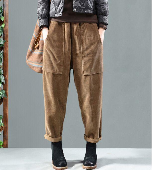 Retro Artistic Style Personality Pocket Corduroy Versatile Casual Harem Trousers for Women