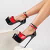 Pesstwei Design Schleife Nieten Sandalen Damen Plateau Stilettoabsatz Doppelter Riemen Nachtclub Schuhe
