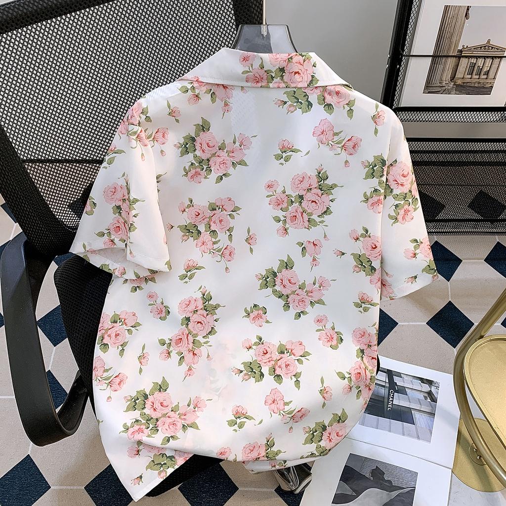 Summer Draping Floral Print Short Sleeve Shirt Men's Niche Loose Korean Style Hawaiian Cuban Collar Shirt Half Sleeve Top