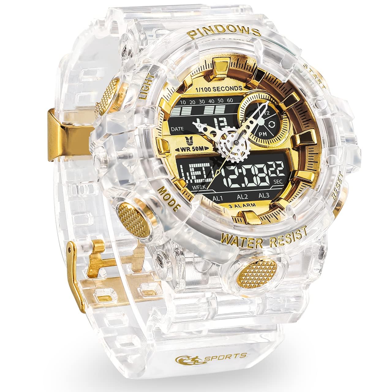 

PINDOWS Прозрачные Золотые Двойные 50м Водонепроницаемые Светодиодные Будильники и Идеальные для Ношения на Открытом Воздухе и Повседневного Ношения Мужские Часы, Аналогово-Цифровое Время, Устойчивые, Подсветка,