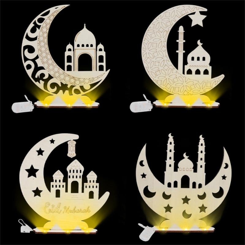 Unique Wooden EidMubarak Desk Ornament LED Moon Star DIY Lamp Light Table Decorations for Festive Celebrations