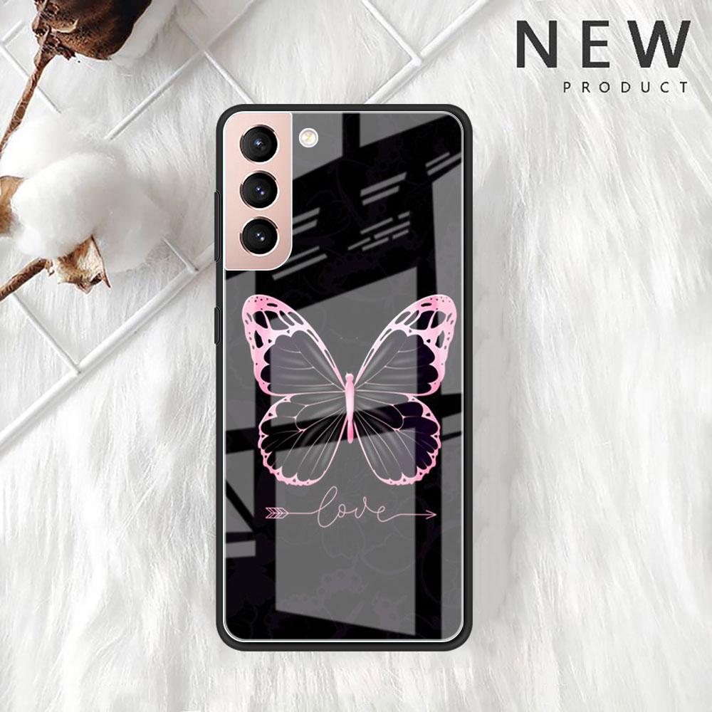 Funda de Cristal Mariposa Rosa Belleza Para Samsung Galaxy S22 S20 FE S21 Plus Cubierta de Teléfono S10 5G S9 Note 20 Ultra 10 Lite Carcasa