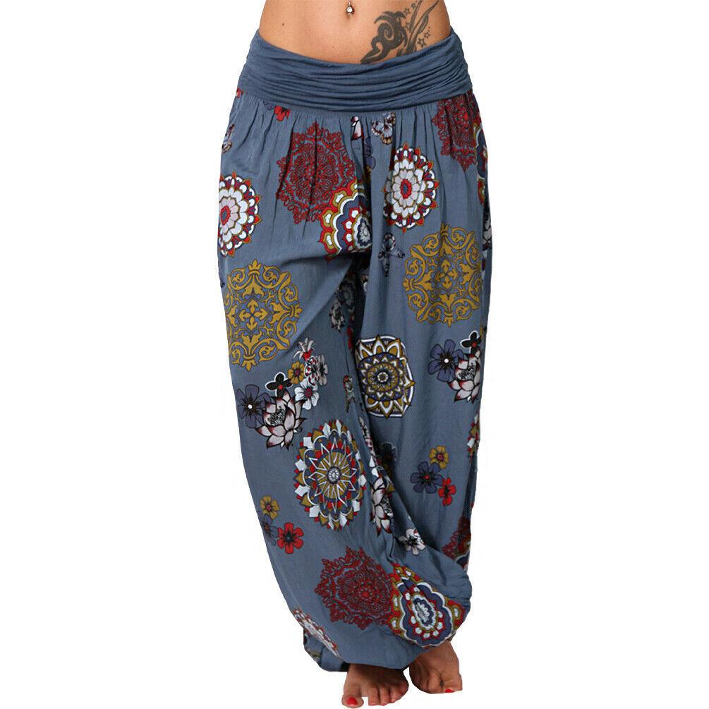 Women's High Waist Printed Harem Pants Loose Wide Leg Long Trousers Elastic Fold Waist Casual Bohemian Digital Print Baggy Pants