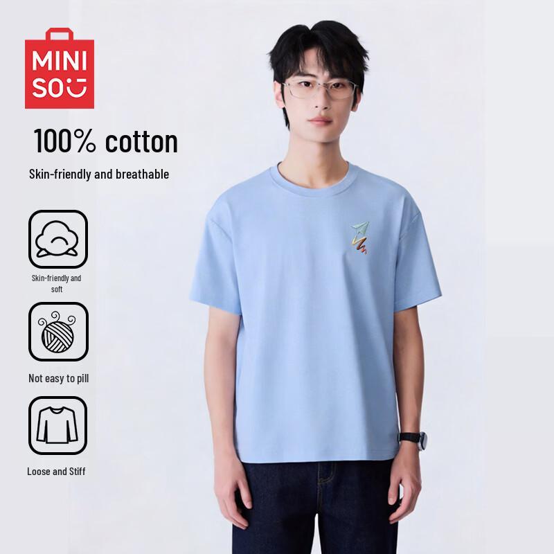 MINISO Men's Casual Round Neck Combed Cotton T-Shirt with Chest Print
