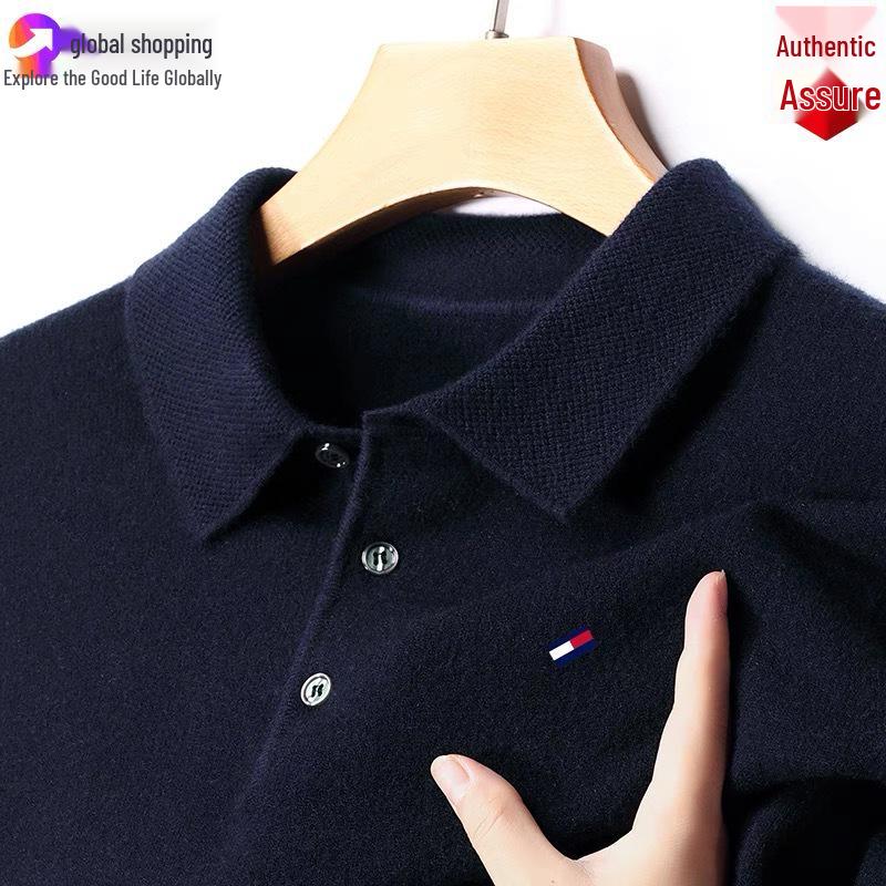 Autentyczny męski sweter Tommy z kaszmiru, z długim rękawem - Jednolity kolor, Haftowany, Kołnierz, Duży rozmiar, Uniwersalna dzianinowa baza.