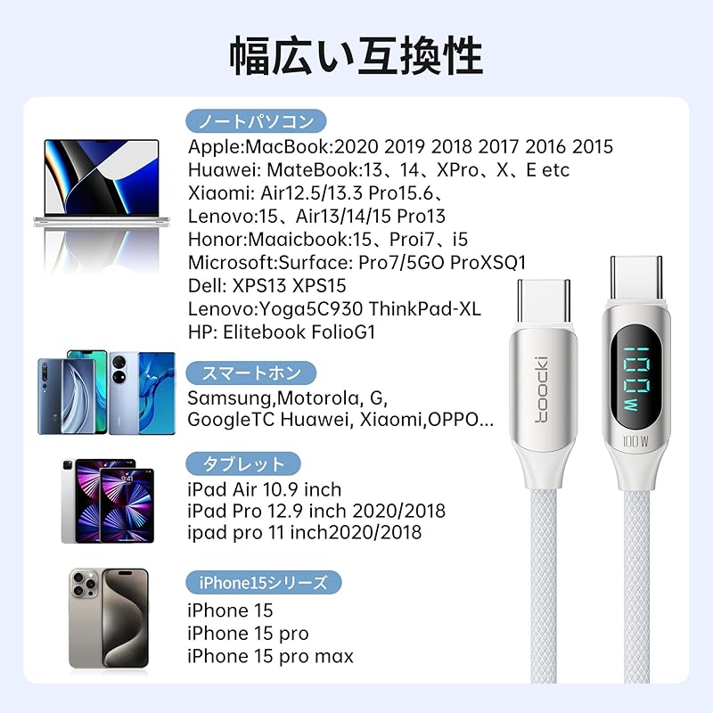 toocki usb c cable 100W 2M With LED display [white] type c cable PD/QC fast charging typec nylon knitting data transfer Phone 16/Phone 15/Phone Plus,