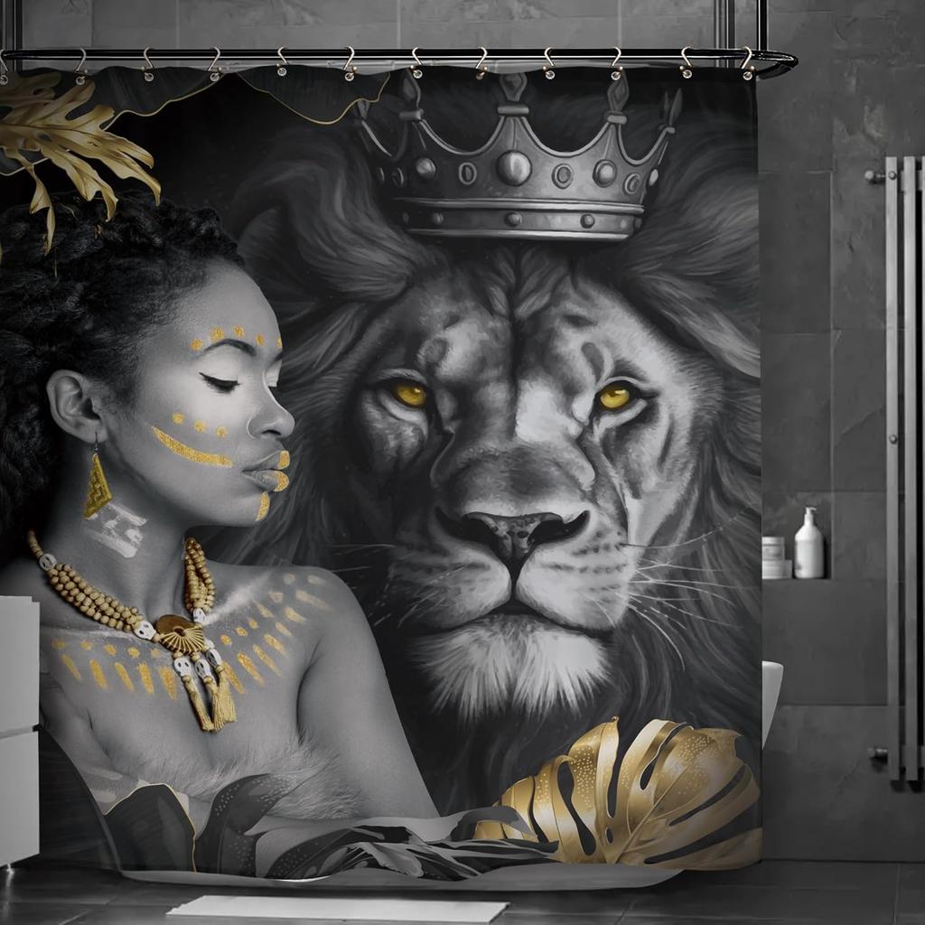 African American Olive Green Shower Curtain Black Girl Flower Oil Painting Art Bathroom Accessories Decoration with 12 Hooks