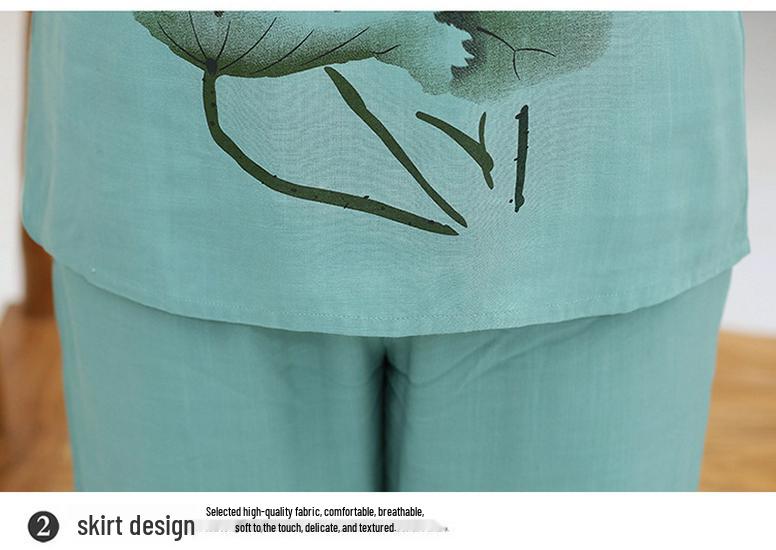 Plus Size Cotton Linen Two-Piece Set for Middle-Aged & Elderly Women: Short Sleeve, All-Cotton Silk Blend