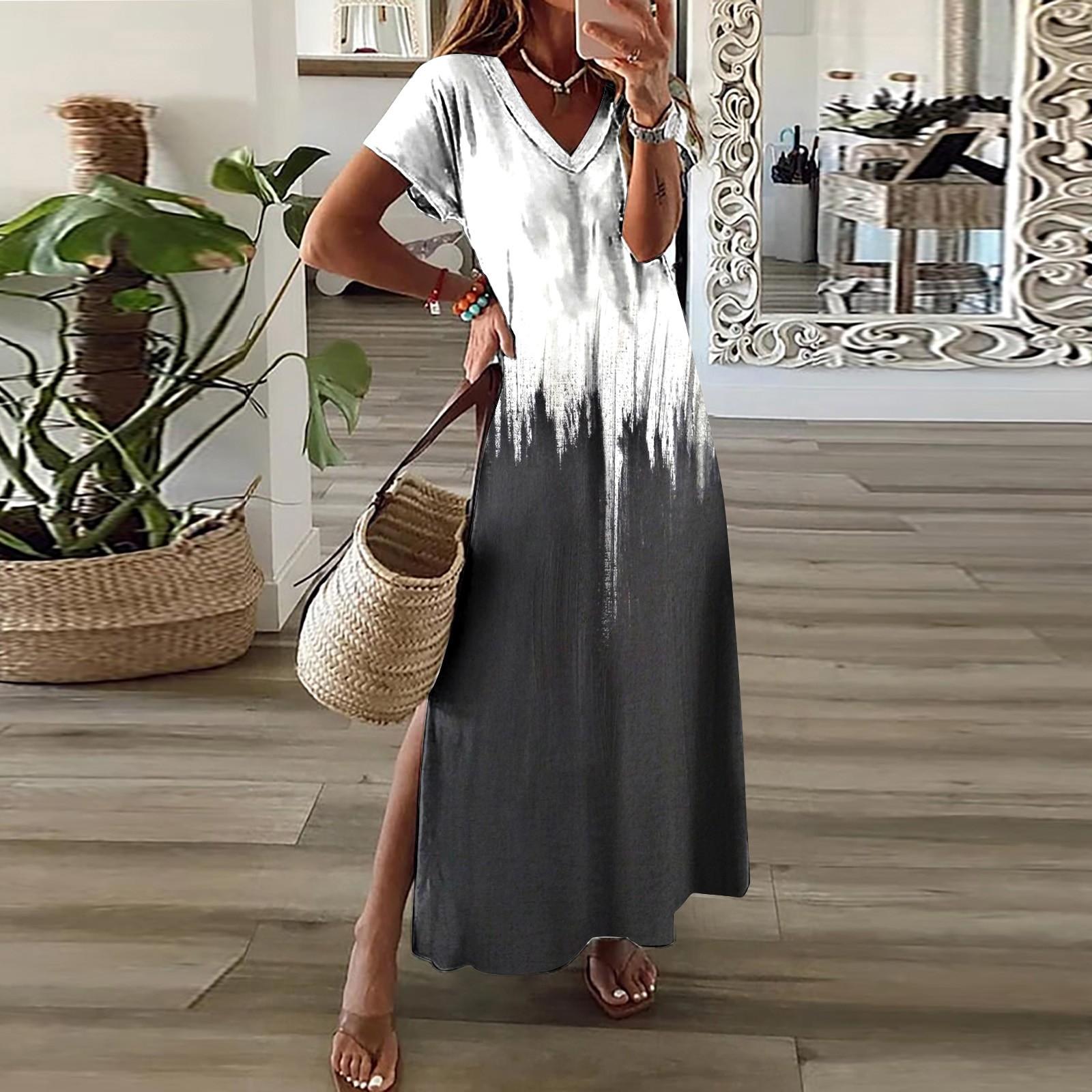 

Женское летнее повседневное модное платье с коротким рукавом и V-образным вырезом с разрезом и цветочным принтом серый