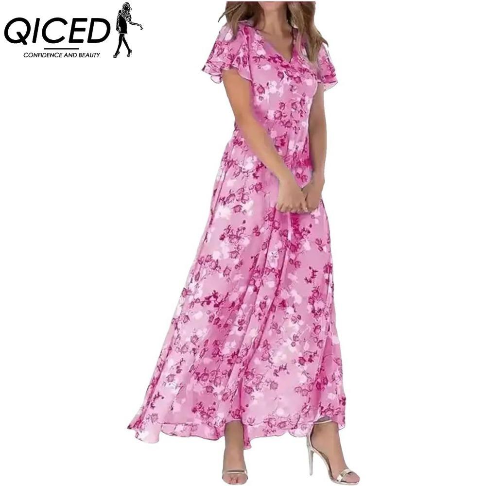 QICED 6 Color V-neck Ruffle Maxi Dress Short Sleeves Fitted Waist High Waist Flowy Hem Cute Floral Chiffon Dress Women Clothing