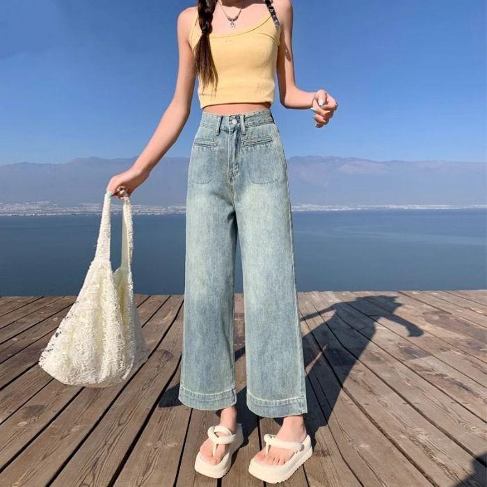 Vintage High-waisted Wide-legged Jeans Female Spring and Summer Loose Thin Casual Nine-minute Straight Retro Street Style Baggy Long Jeans for Ladies