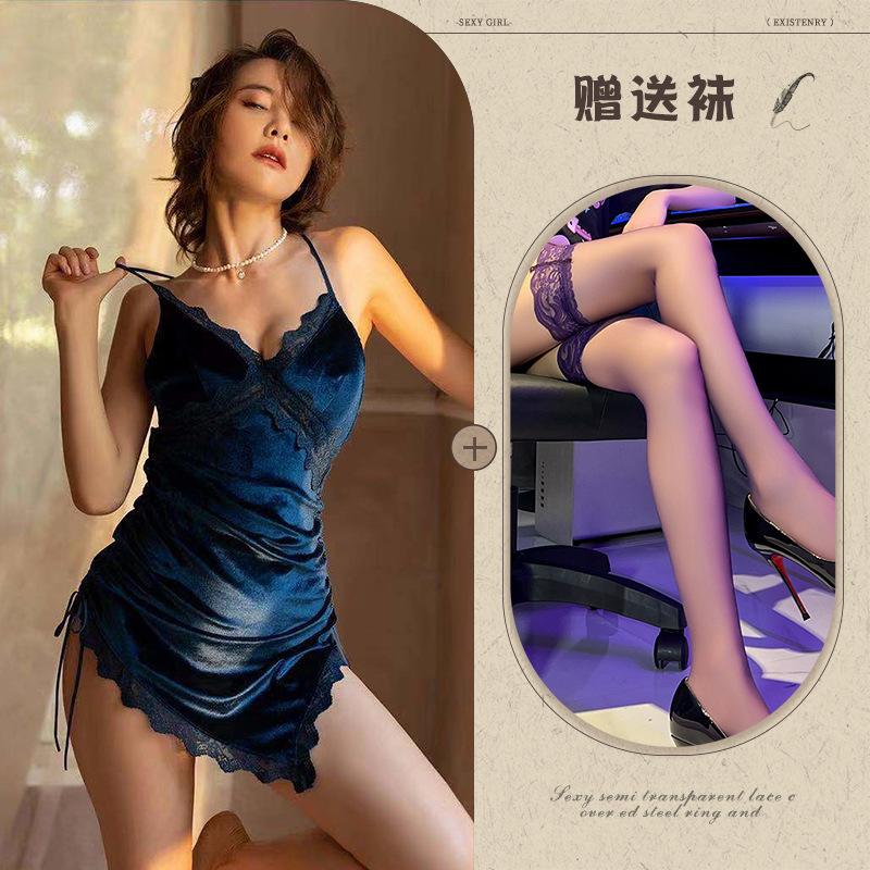 Night listening incense new sexy underwear velvet cross lace-up nightdress backless slit temptation pajamas passion loungewear