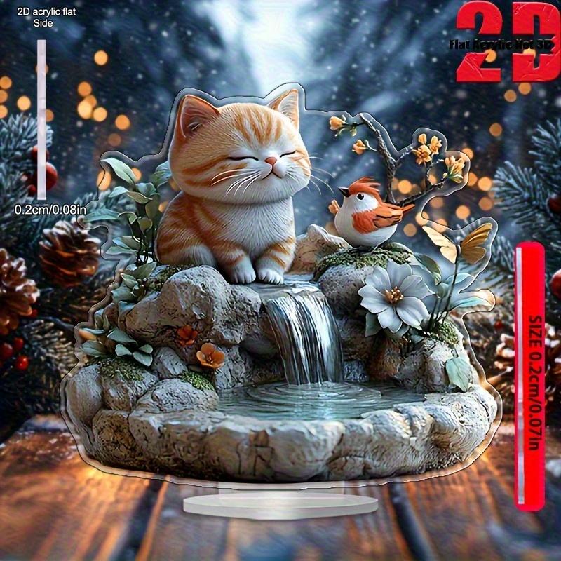 Bohemian-Style Acrylic Cat & Bird Fountain Statue - Humorous Orange Cat & Red-Breasted Bird Design, Serene Waterfall & Floral Accents, Perfect Christ
