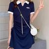 Amerikanisches Retro Colorblock Preppy Polo-Kragen Slim Fit Sommerkleid