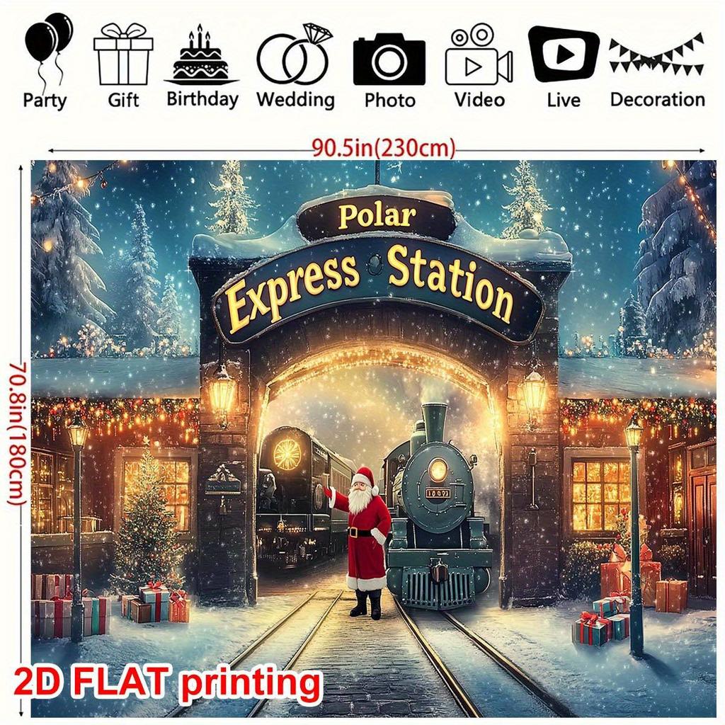 1 Vintage Polar Express Christmas station decoration - Santa Claus Arrival background cloth, snowflake pattern, polyester