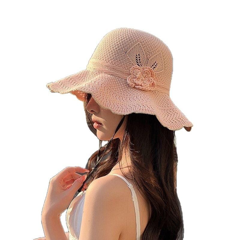 Summer outdoor foldable breathable sun hat children sunscreen bucket hat women's wave eaves knitted basin hat
