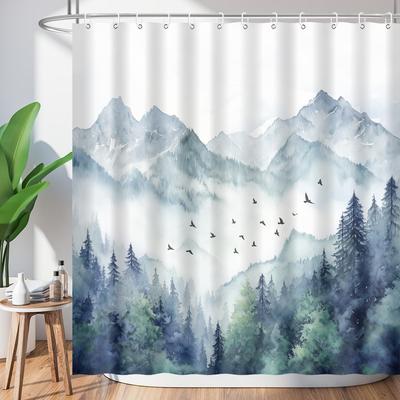 Berg Duschvorhang Aquarell Nebelwald Nebel Natur Kiefernbaum Vögel Landschaft Badezimmer Heimdekor Wasserdicht Polyester