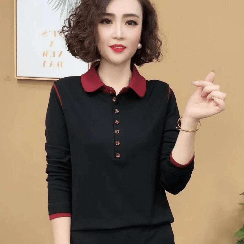 Chemise Polo à Manches Longues pour Femme - Printemps/Automne Base Polyvalente Réduisant l'Âge