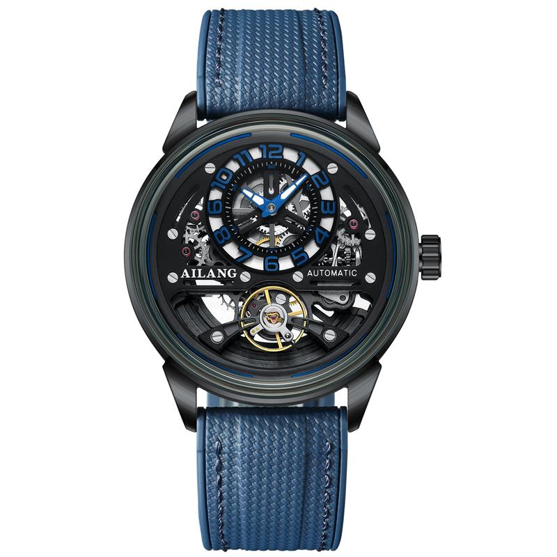 AILANG Black Tourbillon Mechanical Men's Watch Skeleton Automatic Watch For Men Waterproof Male Hand Clock