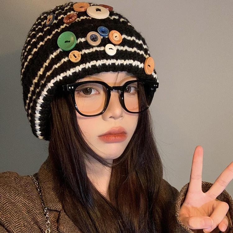Button black and white striped wool hat for women, small face, warm knitted hat, big head circumference, ear protection hat