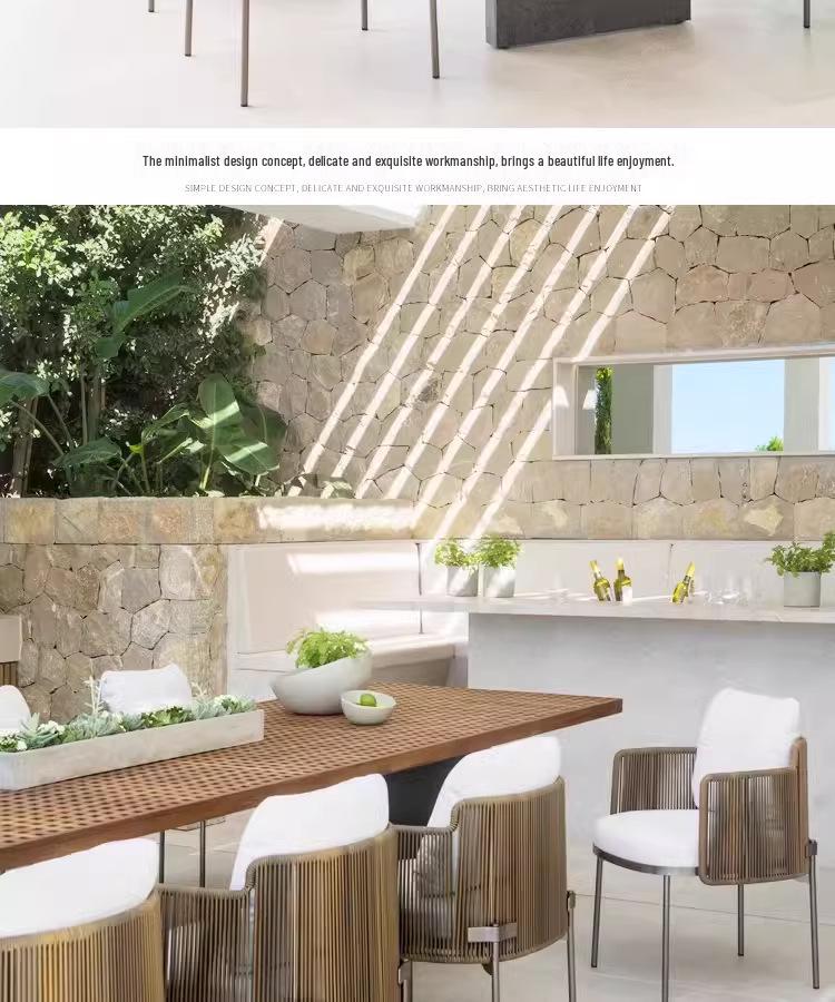 Outdoor Rattan Dining Set: Long Table with Casual Woven Chairs for Garden, Terrace, or Courtyard.