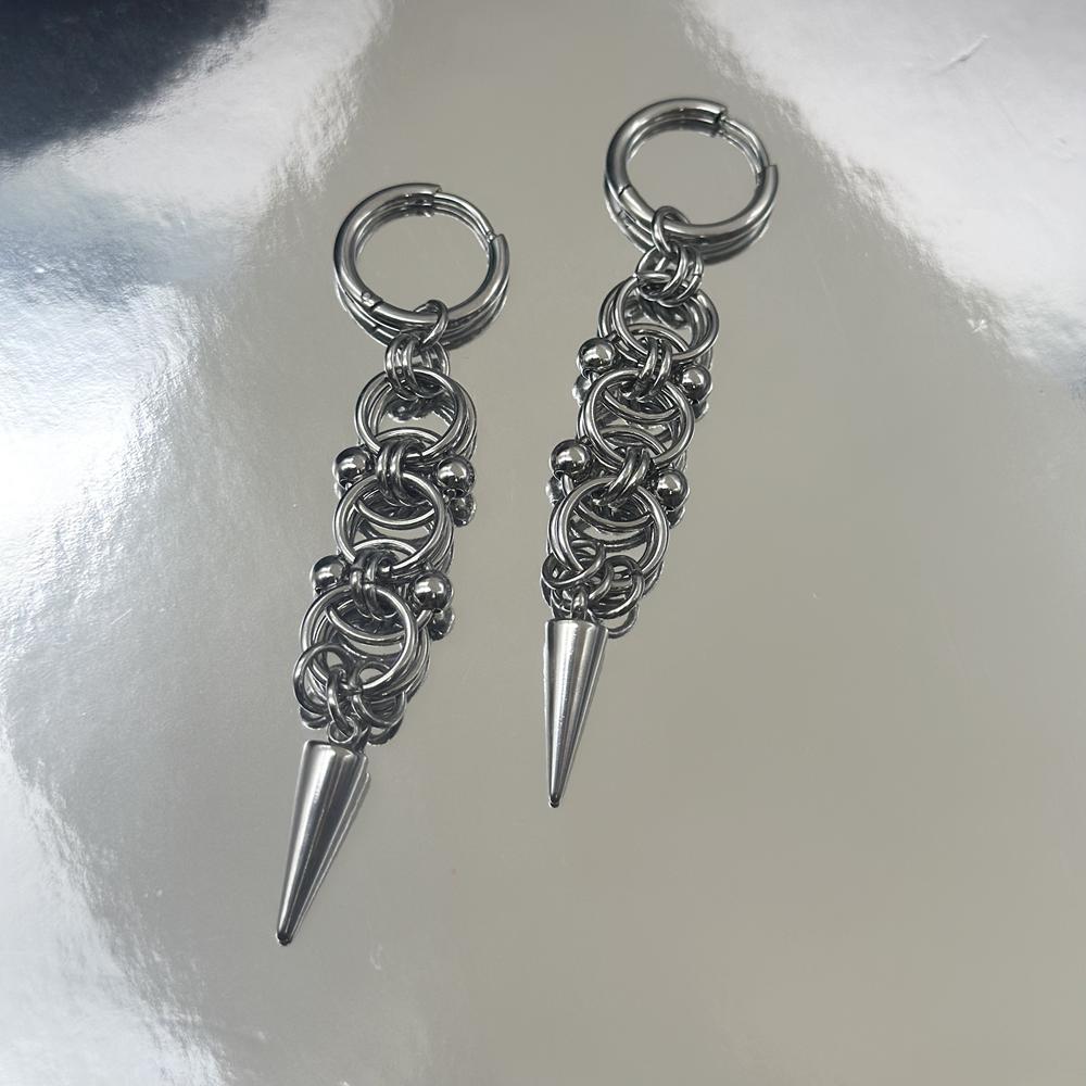 Gothic Punk Handmade Stainless Stell Spike Hoop Earrings for Women Grunge Byzantine Chainmail Chain Dangle Earrings