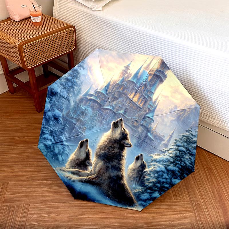 Wolfsmuster, automatisch faltbarer Regenschirm, tragbares und faltbares Design, 8 Rippen, ein Weihnachts- oder Geburtstagsgeschenk.