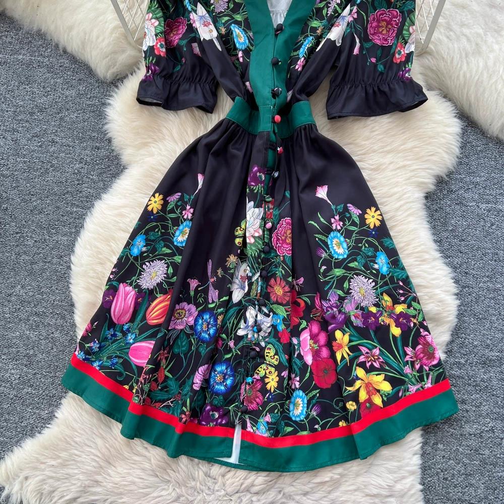 Summer Women Vintage Print Runway Dresses V-neck Single Breasted Mini Short Party Dress