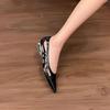 Fashion 2025 New Summer Heels French Retro Cutout Block Heel Shallow Mouth Pointed Toe Low Heel Single
