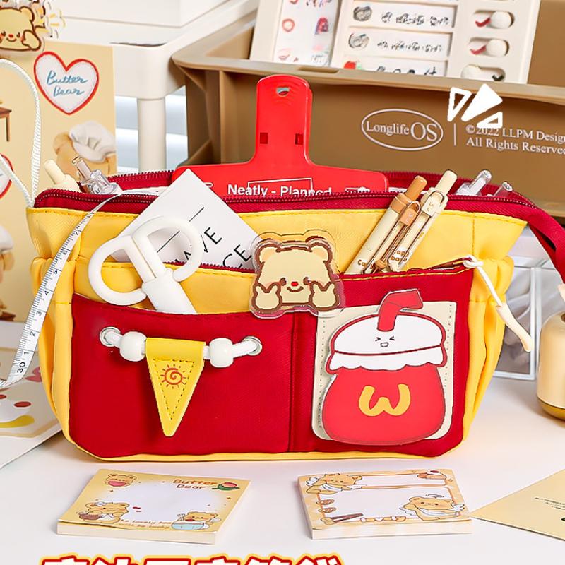 Cartoon Bear Retro Burger Color Blocked Pencil Bag Multi Functional Cute High Beauty Large Capacity Stationery Box Pencil Bag