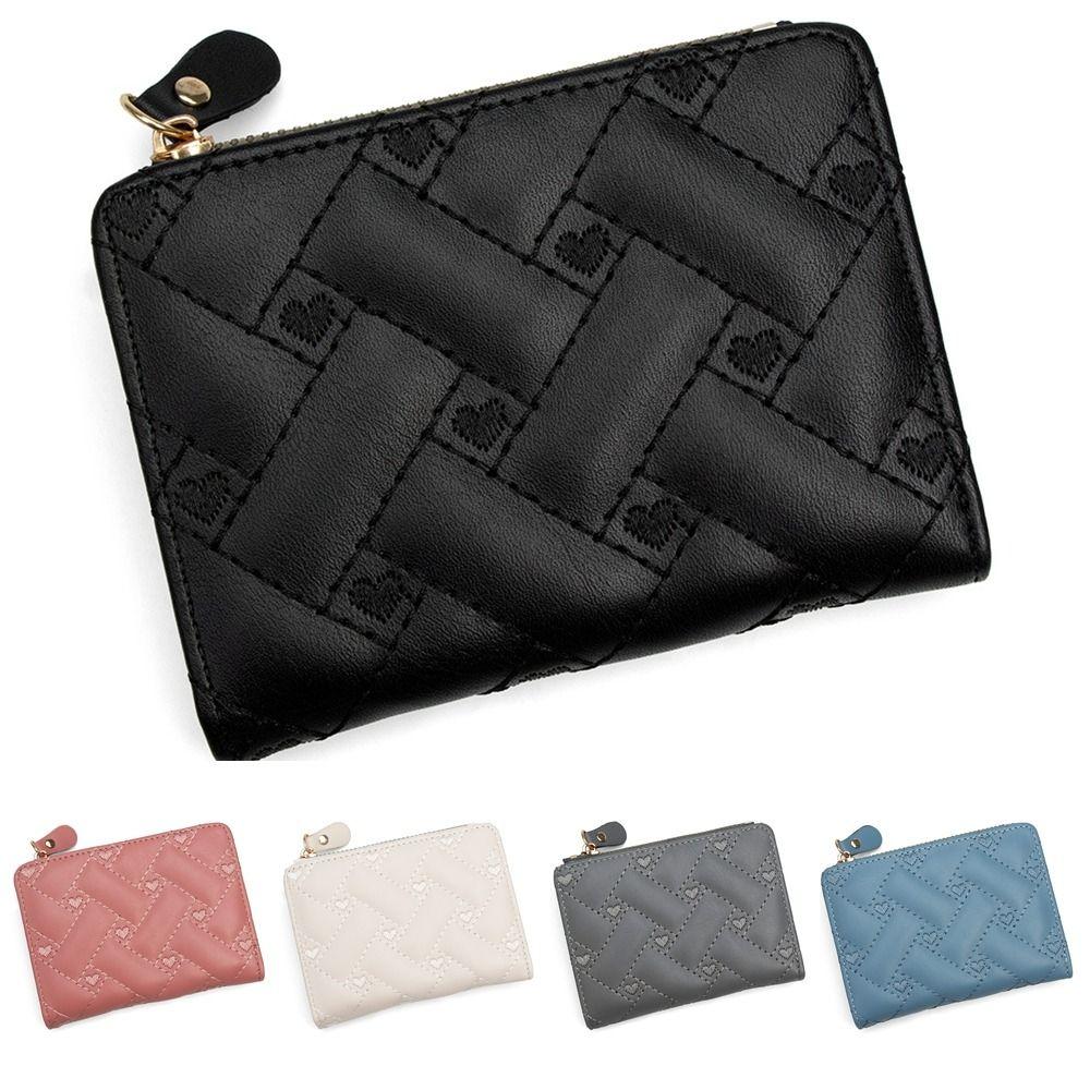 Fashion Short Style Love Embroidered Wallet PU with Zipper Card Bag Simple Design Buckle Detail ID Bag Women