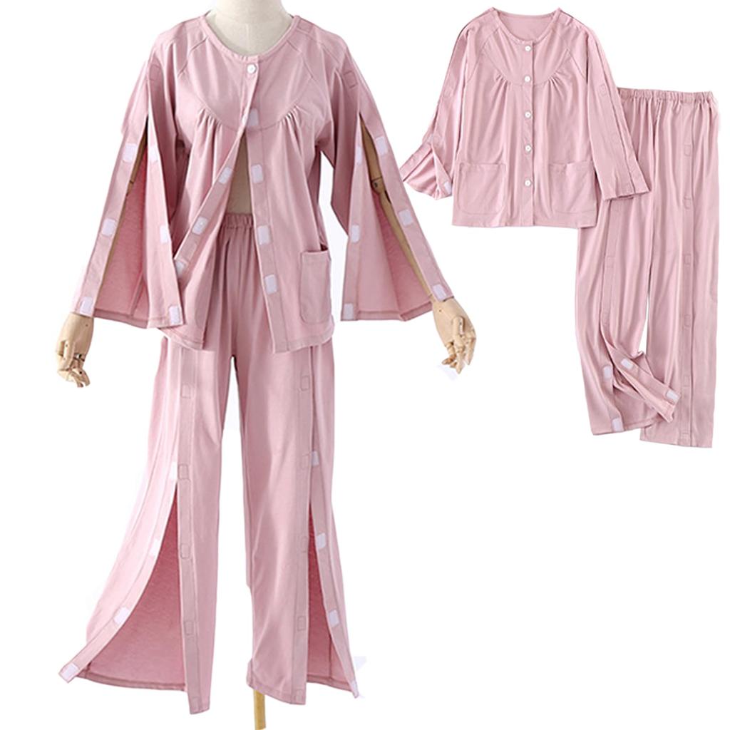KUMUROETA Nursing Elastic Top and Bottom Perfect for IV and Bone Bedridden and Dressing Pink Women's Full-Length Long-Sleeve Pajamas, 100% Cotton,