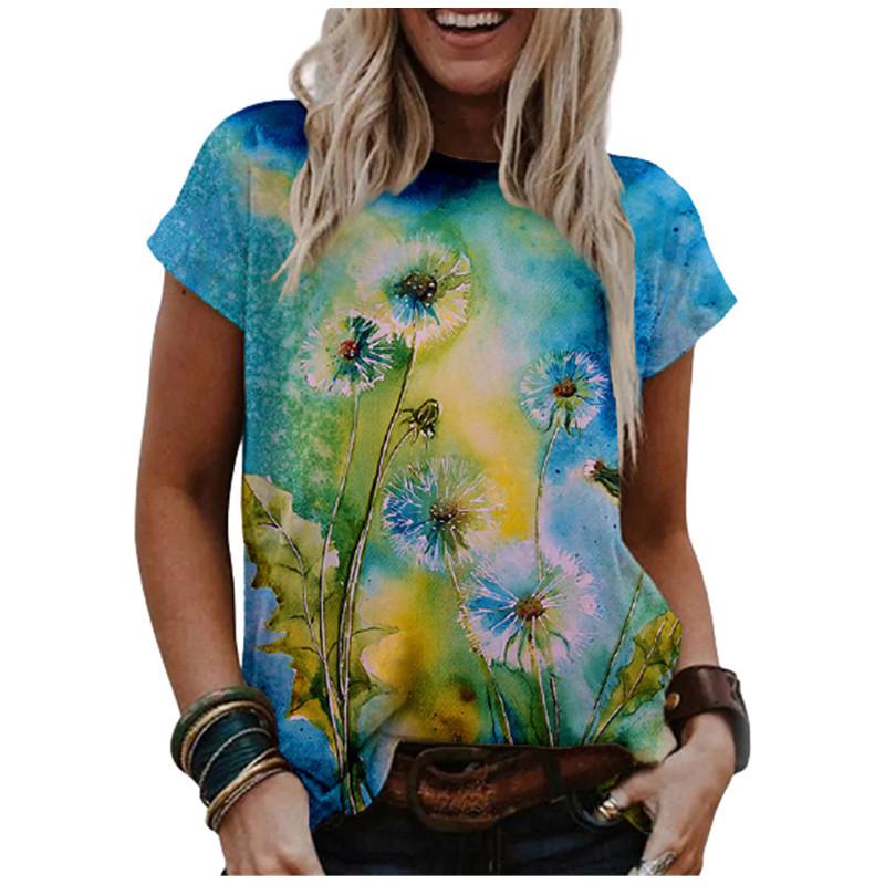 Damen Aquarellmalerei Blumendruck Rundhals Kurzarm T-Shirt