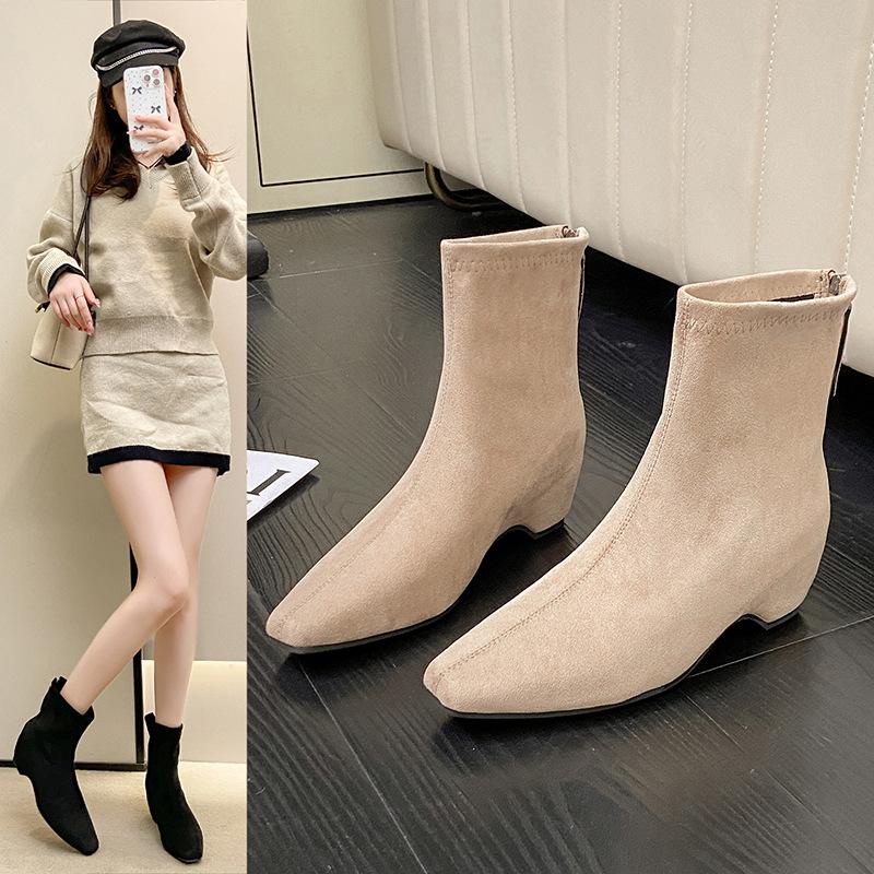 Soft leather version~ retro high-heeled short boots for women's autumn and winter new square-headed thin boots, small inner height-increasing boots