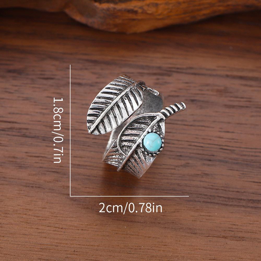 Personalized Retro Leaf Turquoise Open Adjustable Ring New Ethnic Style Trendy Vintage Jewelry
