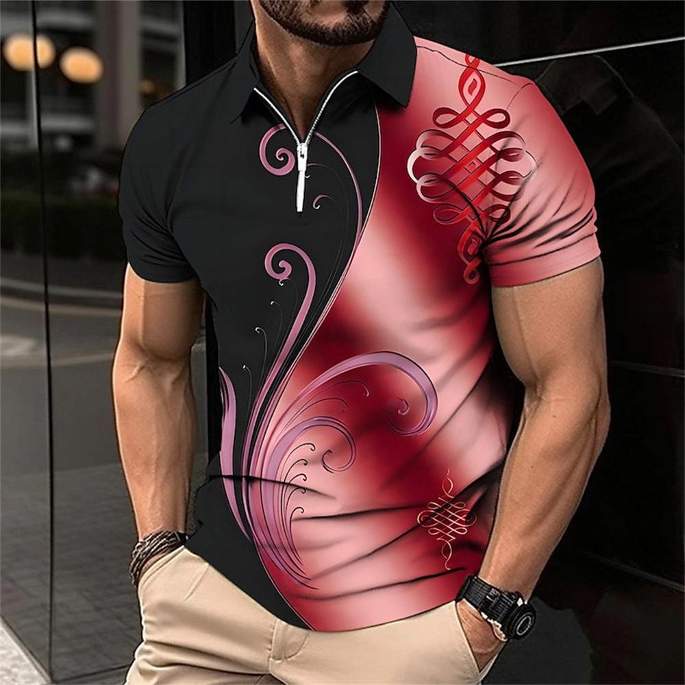 Fashion Zipper Polo Shirt For Men Floral Printed Daily Casual Short Sleeved Loose Oversized Shirt High Quality Men'S Clothing